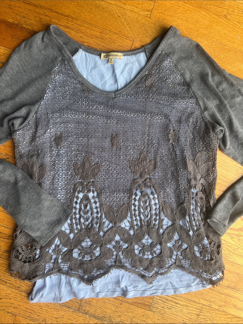 Democracy Gray Crochet Lace Scoop Neck Sweater